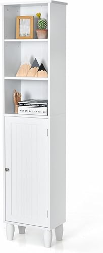 Giantex Armario de almacenamiento alto para baño, armario de suelo independiente con estante de 3 niveles, dispositivo anticaída, estante de torre