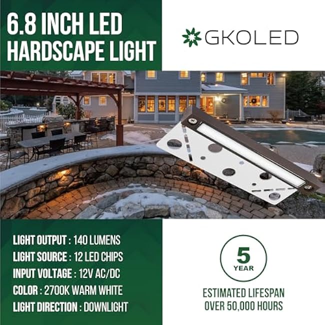 GKOLED 6.8 Inches Hardscape Lights, Low Voltage Retaining Wall Lighting with Frosted Lens, 12V AC/DC Paver Light with 1.5W 2700K LED Chips, Outdoor Landscape Step Lights, Die-cast Aluminum Housing