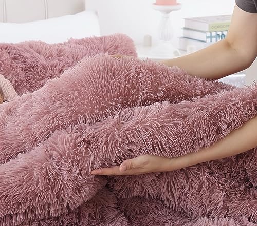 Smoofy Fluffy Queen Comforter Set, Faux Fur Comforter Set Queen Size, Luxury Fuzzy Bedding Set, Soft Shaggy Bed Set for All Season, 3 Pieces - 1 Comforter & 2 Pillowcases, Violet Pink