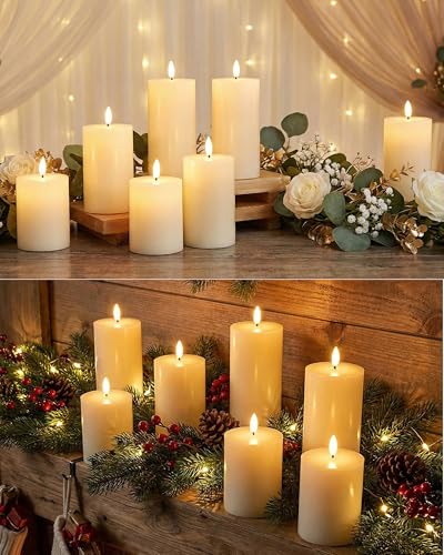 Image of Leelosp 6 Pack Flameless Candles with Remote Timer, Battery Operated Flickering Flameless Candles Bulk Flat Top Pillar LED for Wedding Festival Outdoor Home Decor D 3'' H 4'' 5'' 6'' (Ivory White)