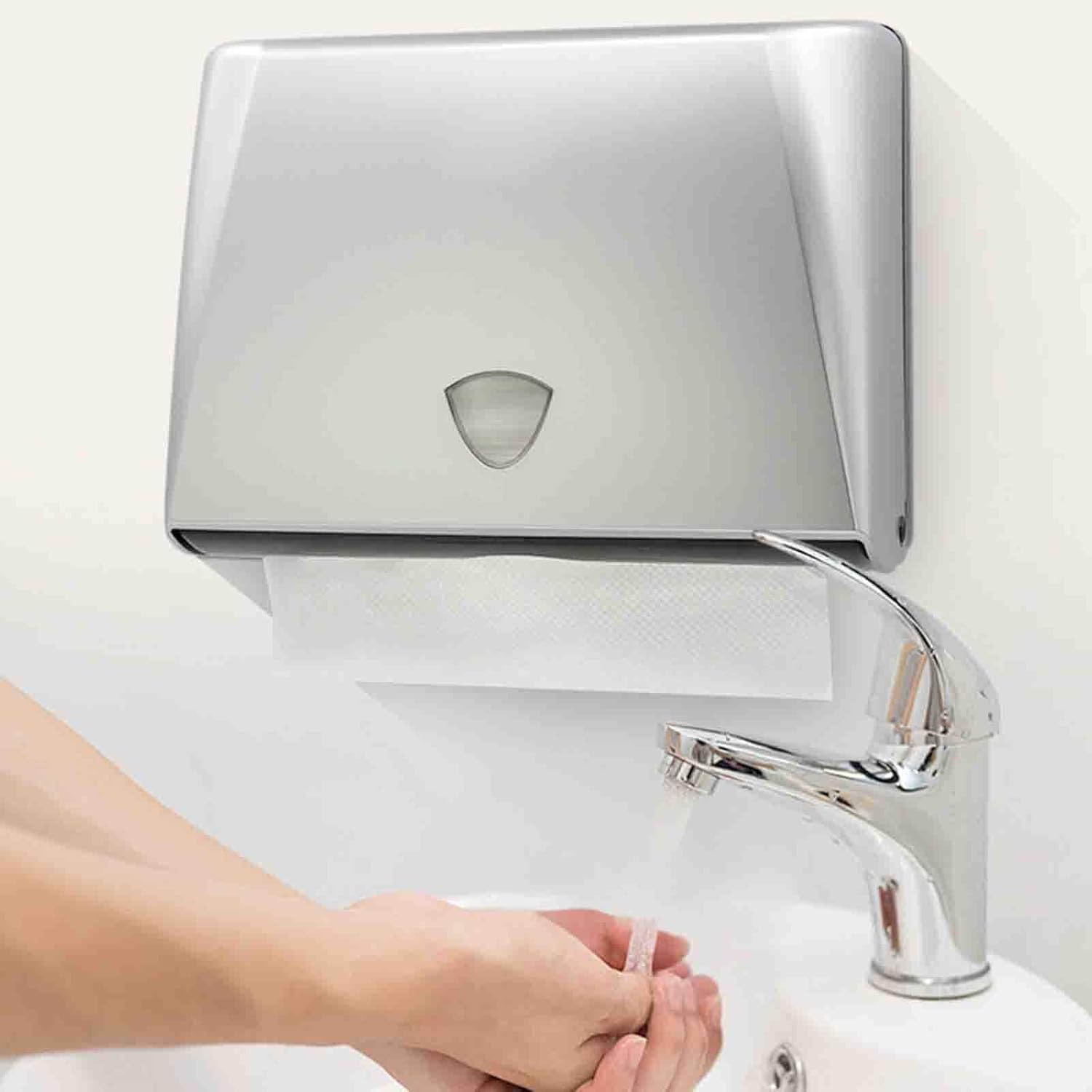 Useful Wall Mounted Hand Towel Dispenser Special Tissue Box Punch-Free Hand Towel Tray for Hotel Commercial Toilets Wall Mount (Silver)