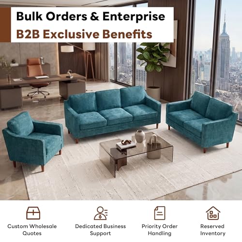 Image of Kingfun Couch Sets for Living Room, 3 Seater Couch and Armchair Set of 2, Mid Century Modern Sofa Chair, Chenille Couch with Solid Wood Frame for Bedroom