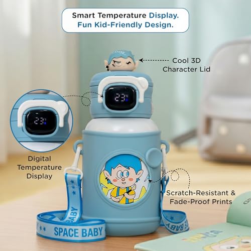 Image of Mee Mee Zippy Sippy 500ml Kids Stainless Steel Water Bottle with Smart Temperature Display | SS316 Steel | 3 Drinking Modes | Leak-Proof Insulated Hot & Cold Bottle | BPA-Free | 2-10 Years (Blue)