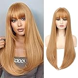 SOKU Strawberry Blonde Natural Straight Wig with Bangs 28' Long Straight Honey Blonde Fringe Wig Synthetic Silky Hair Wigs for Women Cosplay Costume Wigs