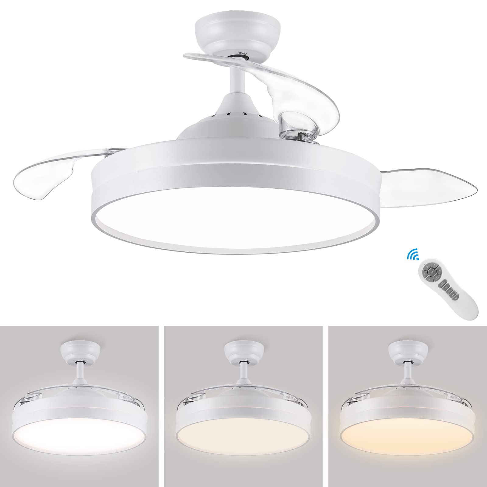 CJOY Ventilatore da Soffitto Retrattile con Luce e Telecomando, Ventilatore da Soffitto Scalabile Bianco 107 cm, Lampadario Ventilatore Soffitto Invisibile 3 Pale, 6 Velocità, DC Reversibile