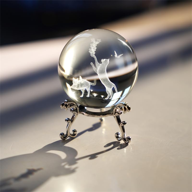 ZEERSHEE 60mm Crystal Ball with Stand - Laser Engraved Cat Sphere 3D Glass Ornament & Paperweight - Gifts for Cat Lovers - Image 8