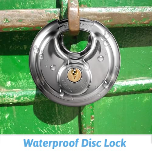 Image of 5 Pack Discus Padlocks Keyed Stainless Steel Heavy Duty Locks 2-3 /4 inch Wide Round Lock Waterproof Outdoors Storage Lock with Brass Keys for Storage Unit Gate Hasp Latch Outdoor Fence
