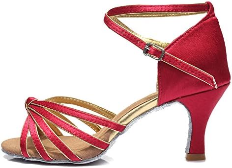 DKZSYIM Women's Dark Red Satin Latin Dance Shoes Ballroom Performance Shoes,Model 217-7,6.5 B(M) US