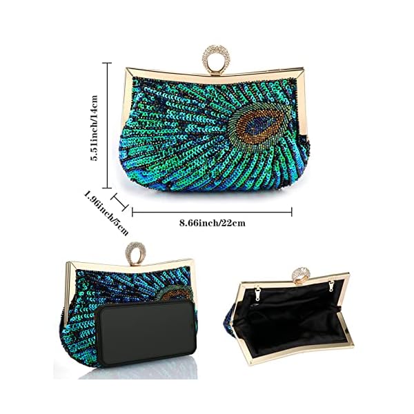 RKROUCO Peacock Beaded Sequins Evening Clutch Bags for women Party Wedding Purse-Green. - Image 4