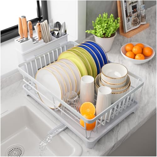 PurKeep Escurridor de Platos con Soporte para Utensilios para encimera de Cocina, Ahorra Espacio, escurridor de Platos de Gran Capacidad con escurridor, Color Blanco