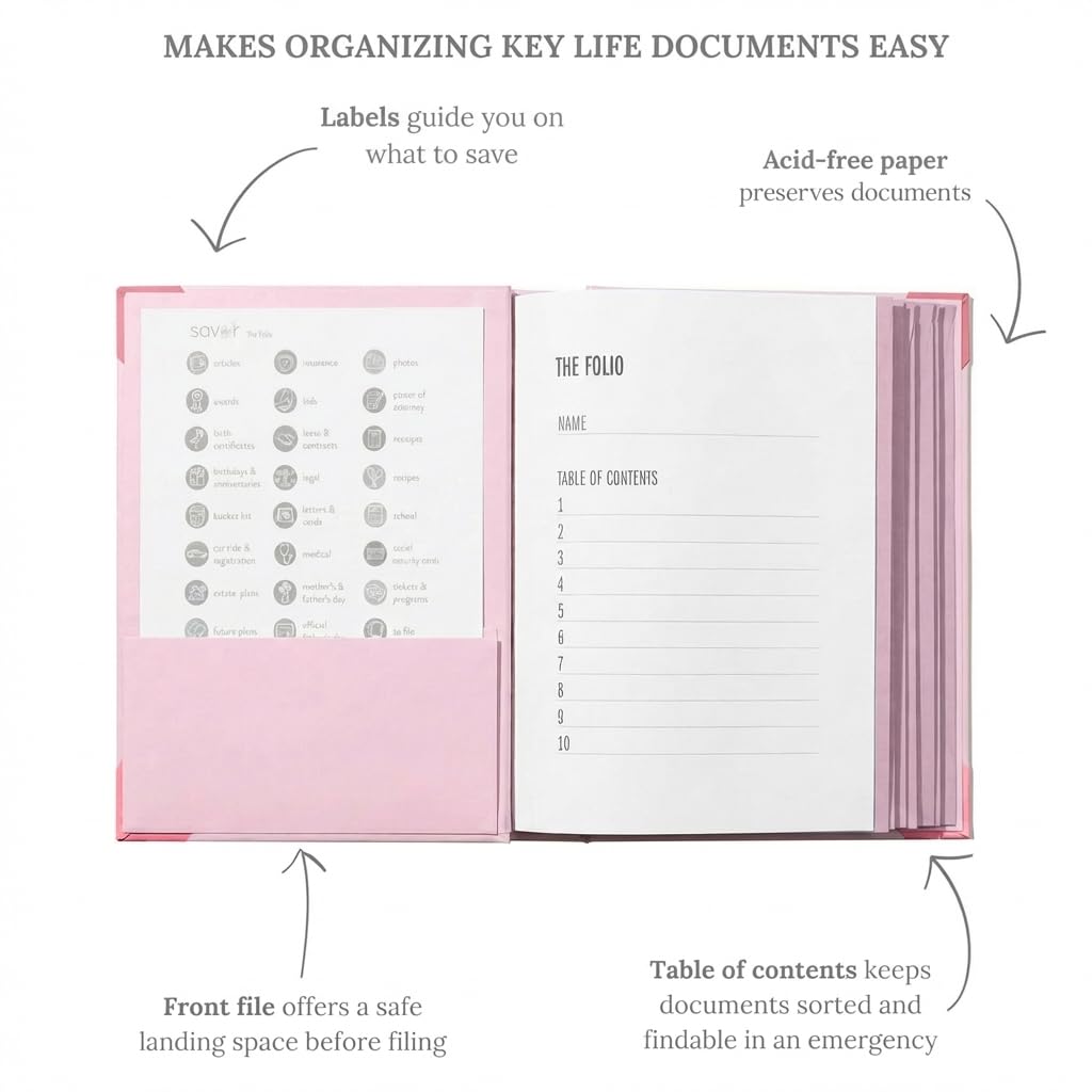 The Folio® - Organizer per documenti importanti, di Savor | Raccoglitore con etichette guidate, senza acidi, con 10 tasche, porta documenti per documenti domestici, documenti legali e medici (rosa)