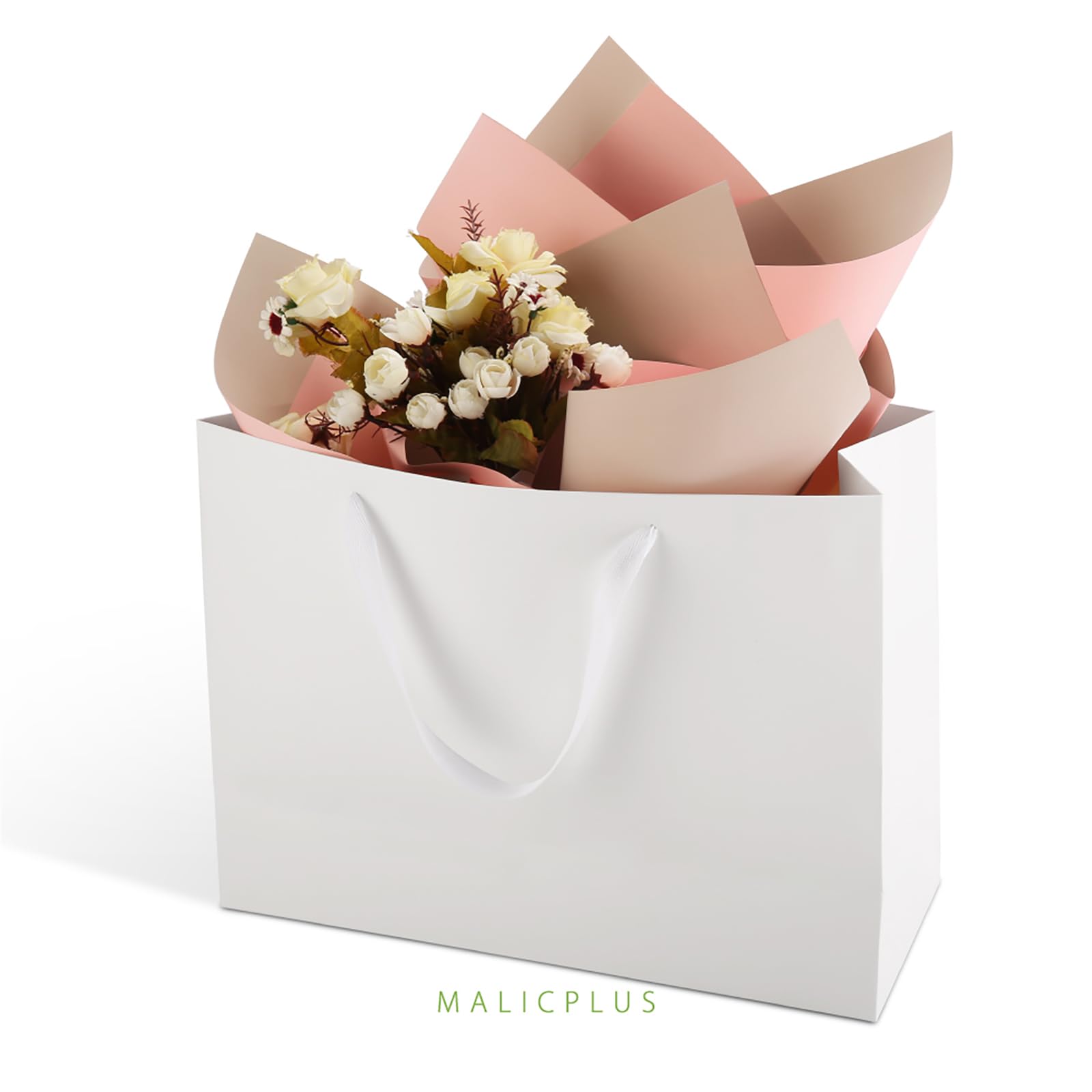 MALICPLUS 12 bardzo dużych torebek prezentowych, 40 x 15 x 30 cm, luksusowe, białe, matowe, duże, na prezent z uchwytami, na Dzień Matki (teksturowane wykończenie ziarna)
