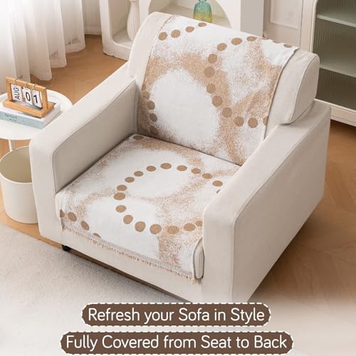 Image of HOKIPO Sofa Cover for 1 Seater Sofa | Full Protection for Seat and Back |Premium 320 GSM Chenille Fabric | 'Serene Abode Series' (180x60 cm), Latte Dotted Wave (AR-6634-D3)