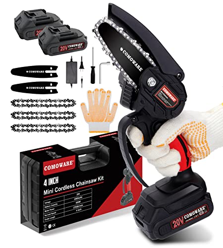 COMOWARE Mini Chainsaw Cordless, 4” Small Chainsaw with 2Pcs 2.0Ah Battery and 3Pcs Chains, Portable Hand Chainsaw, Handheld Chainsaw Battery Powered for Tree Branch Trimming