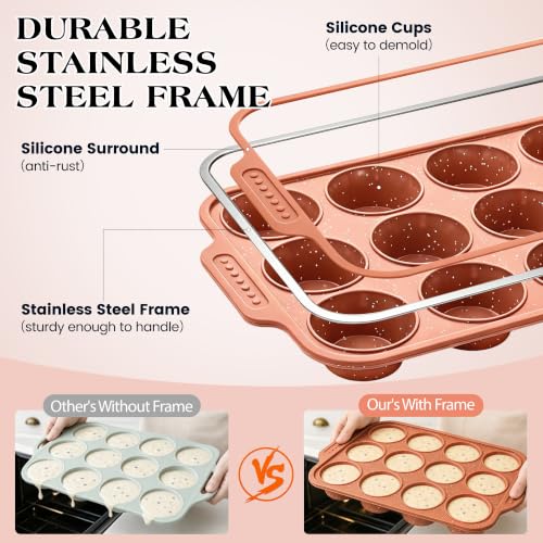 Image of Silicone Muffin Pans for Baking with Metal Reinforced Frame | Nonstick 12-Cup Regular Size Cupcake Tray for Egg Bites, Muffins & Cupcakes, Dishwasher Safe, Brick Orange, 1 Pc
