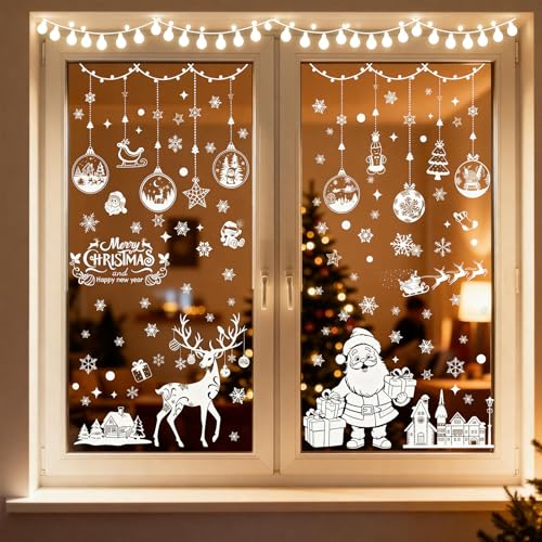 Fangshu Pegatinas Navidad Ventanas Cristal - 202 Pcs Blanco Decoracion Navidad - PVC Pegatinas Copos de Nieve Adhesivo - Reutilizar Decoração de Natal
