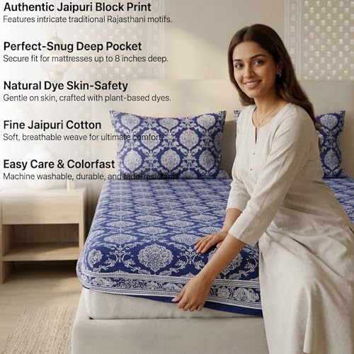 Image of VAS COLLECTIONS 180 TC Cotton Fitted Bedsheet Double Bed (72x78+8 Inches) with 2 Pillow Covers - Soft Breathable Skin Friendly Jaipuri Printed Elastic Fitted Bed Sheet, Indigo & Frost