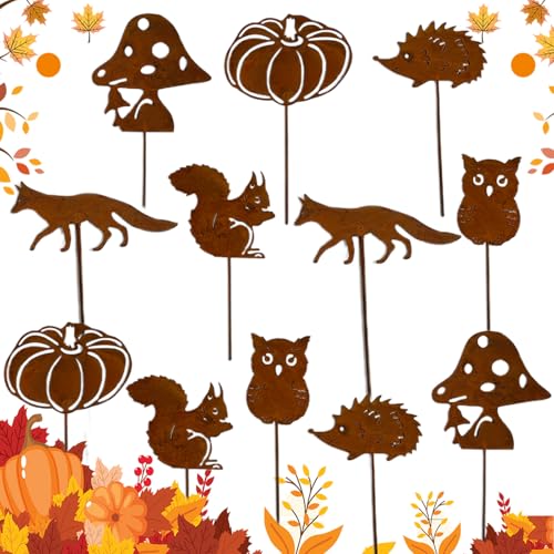 12 Stück Gartenstecker Rost Herbstdeko,Rost Gartenstecker für...