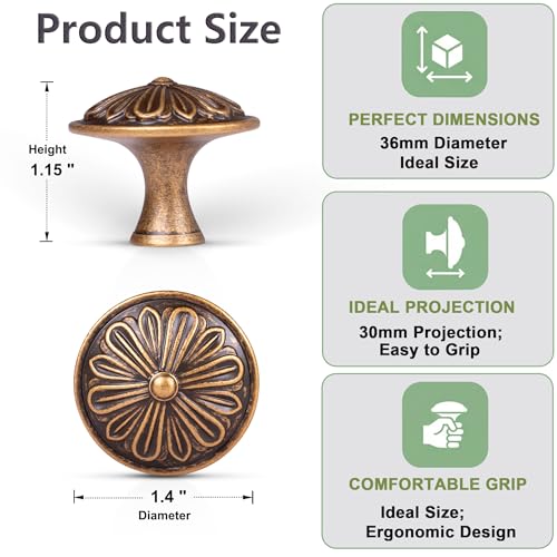 Image of DWYL & LWYD Antique Brass Cabinet Knobs 4 Pack - Solid Die-Cast Zinc Alloy 1.4 inchDia - Vintage Brass Round Cabinet Handles for Kitchen Cabinets and Drawers, Dresser Knobs Drawer Pulls Vintage