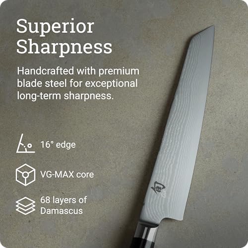 Shun Classic 7" Master Serrated Utility Knife, Handcrafted Japanese Knife, VG-MAX Core with Damascus Stainless Steel Cladding, Pakkawood Handle, Precision and Sharpness for Professional and Home Chefs - Thumbnail 5