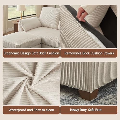 Image of Sectional Sofa with Dual Storage Ottomans, 4 Seat U Shaped Couches for Living Room: Soft Corduroy | Double Movable Chaise Ottoman | Modern Reversible Convertible Couch Set, Beige