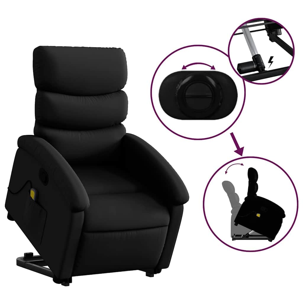 Sillón elevador reclinable con masaje de 6 puntos, función de elevación eléctrica y marco estable de piel sintética negra, asiento cómodo y asa de reclinación manual