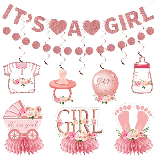 9PCS Pink Rose Gold Baby Shower Decorations Kit for Girl Floral Its a Girl Gender Reveal Banner Table Centerpiece Hanging Swirls Set Pregnancy Announcement Circle Dot Garland Banner Party Supplies