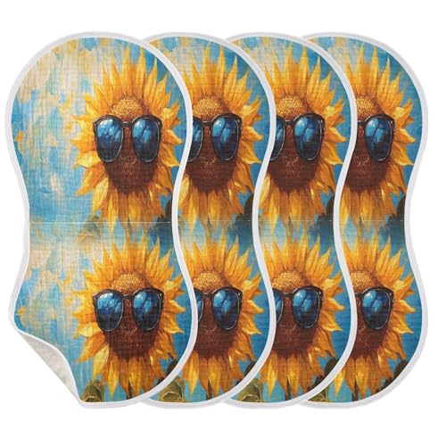 Kigai Funny Sunflower in Sunglasses Baby Muslin Burp Cloths 4 Pack, Soft 4 Absorbent Layers Cotton Burp Rags for Newborn Girls Boys