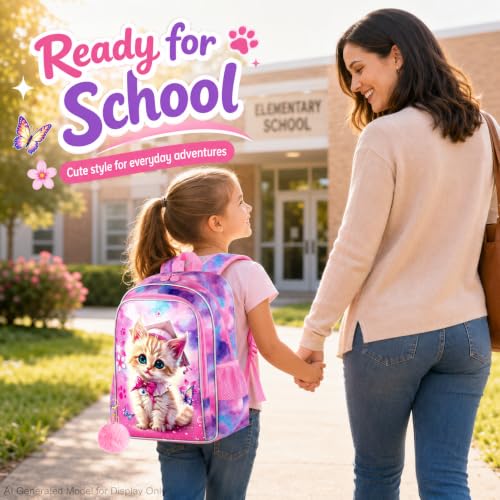 Image of AGSDON 3PCS Backpacks for Girls, 16 inch Elementary Kids Cute Cat Backpack Preschool School Bookbags and Lunch Box