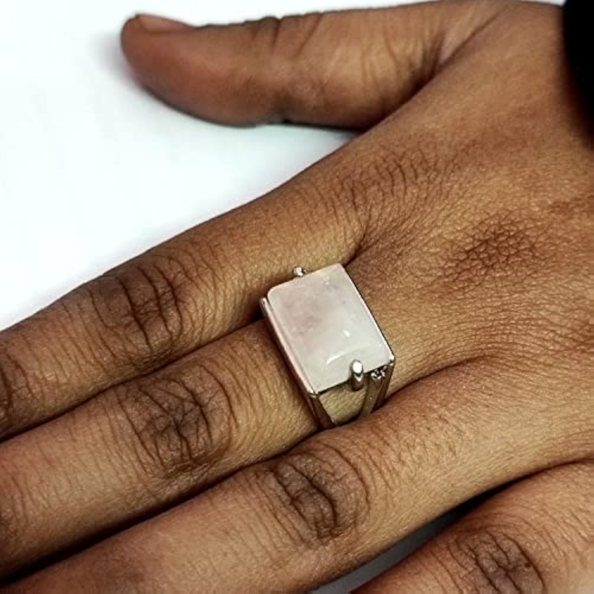 Natural Rose Quartz Rectangular Crystal Ring for Women