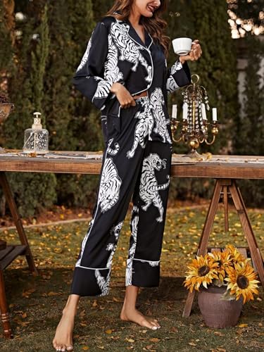 Image of Brosloth Women's Silk Satin Pajamas Pjs Sets Cute Lace Pattern Two Piece Loungewear Set Button Up Pajamas Sleepwear Black