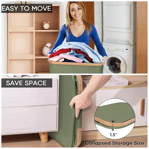 Image of BALEINE Laundry Hamper with Lid, Tall Laundry Baskets with Bamboo Pull Handles, Large Laundry Bin with Internal Support (26 Gal /100L, Green)