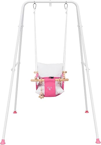Columpio para bebé con soporte, juego de columpios para bebé, juego de columpios para interiores y exteriores con asiento acolchado de lona (rosa)