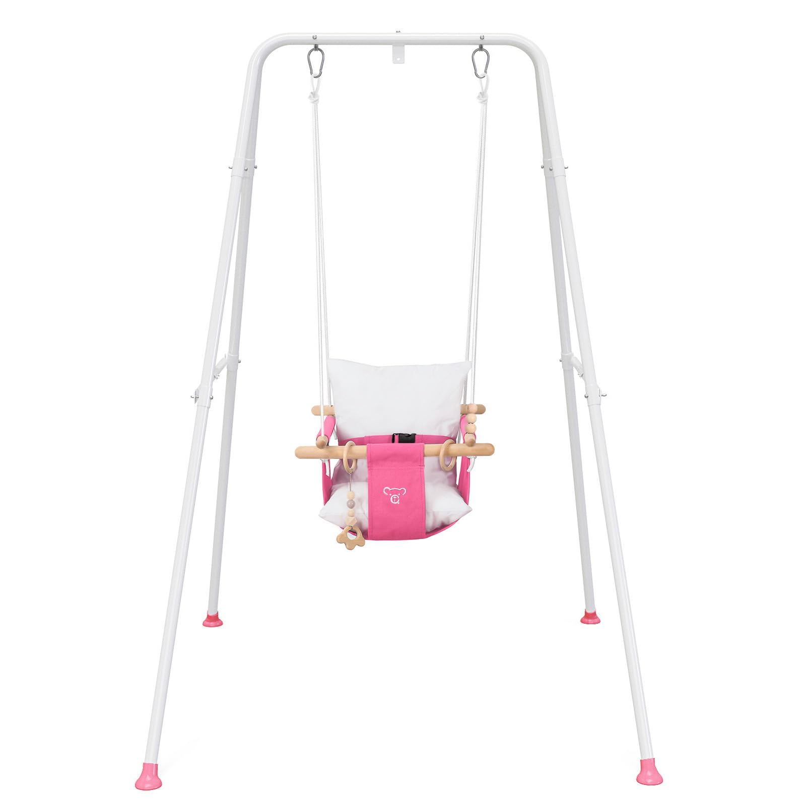 Baby Swing with Stand, Swing Set for Infant, Outdoor Indoor Swing Set with Canvas Cushion Seat (Pink)