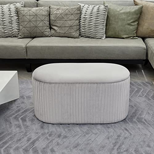 Pinplus Round Storage Ottoman With Cover Lid,Foot Rest Stool Large Oval Toy Chest For Bedroom And Living Room Silver (31.5" X 15.7" X 15.7") #TOP4
