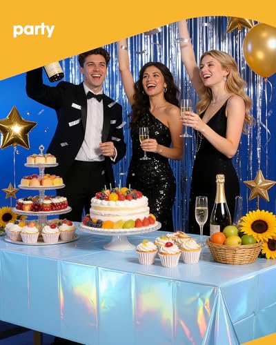 Image of Niuara Iridescent Blue Plastic Table Cloth - 4 Pack 54 inch x 108 inch Rectangle Disposable Tablecloths for 6FT Tables, Table Cover for Party, Holiday & Gathering Use