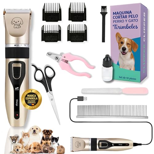 Tirimbeles® SUPER PACK Maquina Cortar Pelo Perros y Gatos + 10 ACCESORIOS | Cortapelos Perros Silencioso Inalámbrico USB | Incluye Cortauñas Perro | Batería Larga Duración y Fácil Limpieza (Oro)