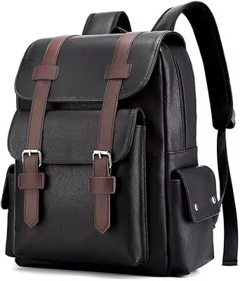 Mochila Masculina em Couro PU, 34 x 38 x 12 cm, Design Clássico com Fivelas, Preta e Marrom