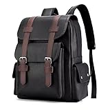 Mochila Masculina em Couro PU, 34 x 38 x 12 cm, Design Clássico com Fivelas, Preta e Marrom (Black)