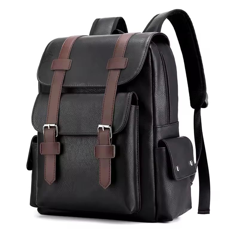Mochila Masculina em Couro PU, 34 x 38 x 12 cm, Design Clássico com Fivelas, Preta e Marrom (Black)