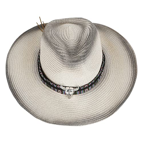 Straw Cowboy Hat Wide Brim Sun For Men Women Cowgirl Panama With Chin Strap Bull Sombrero Travel Change Color, Beige& Black, One Size #TOP4
