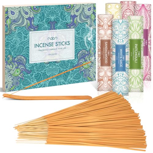 Scentorini Juego de regalo de varillas de incienso, 120 varillas con soporte, salvia blanca, canela, sándalo, rosa, pachulí, para relajación, yoga y aromaterapia
