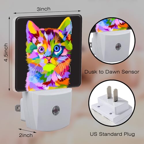 Image of Cat on Pop Art Night Light Plug into Wall, Cute Colorful Cat Dusk to Dawn Night Light, 0.5w Energy Saving Sleep Friendly Nightlights for Kids Boys Girls Home Decor