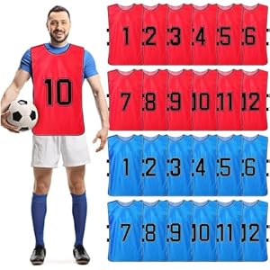 Komphy 24Pcs Scrimmage Training Vest, Soccer Team Practice Vest with Reversible Numbers, Team Sports Practice Pennys Basketball Football Jerseys with Belt for Men Adult Youth, Red, Blue, Standard