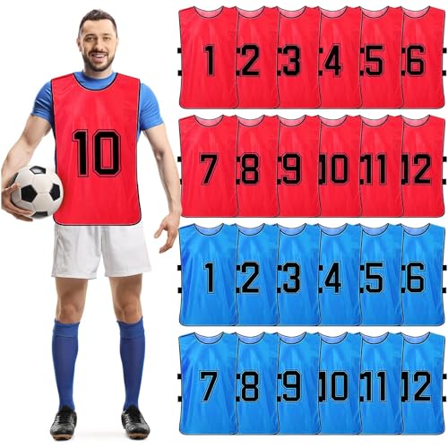 Komphy 24Pcs Scrimmage Training Vest, Soccer Team Practice Vest with Reversible Numbers, Team Sports Practice Pennys Basketball Football Jerseys with Belt for Men Adult Youth, Red, Blue, Standard