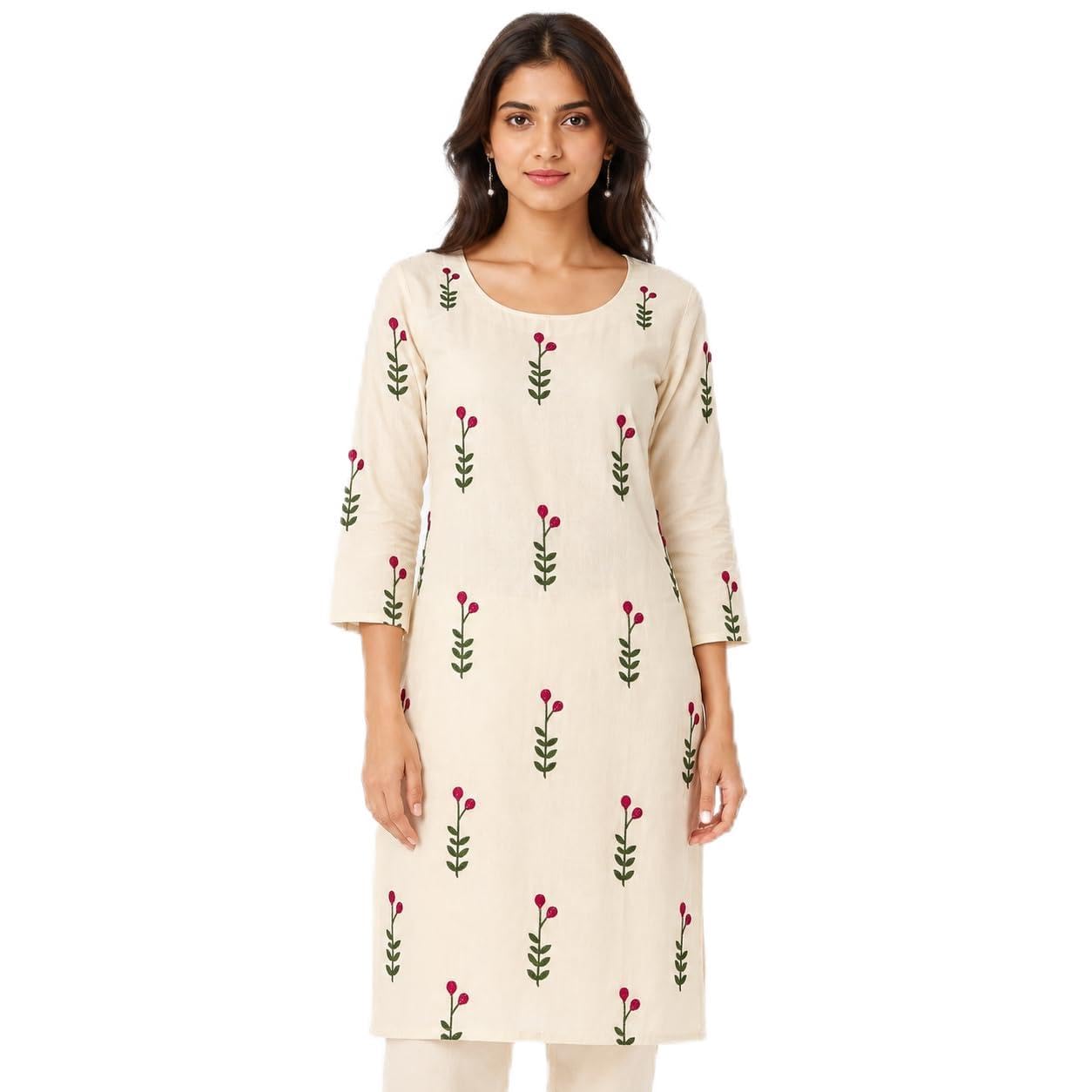 Embroidered Blossom Flower Cotton Kurti with Lining-picture-33