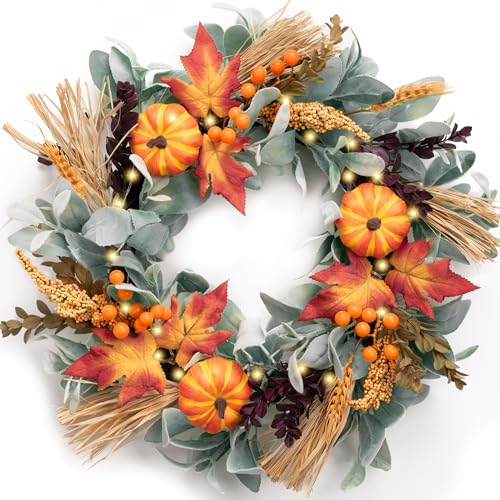 Valery Madelyn 18'' Fall Wreaths for Front Door, Silk Lambs Ear Autumn Door Wreath with Lights Pumpkins Outdoor Fall Halloween Decorations for Home Porch Indoor Thanksgiving Harvest Table Decor Valery Madelyn 18'' Fall Wreaths for Front Door, Silk Lambs Ear Autumn Door Wreath with Lights Pumpkins Outdoor Fall Halloween Decorations for Home Porch Indoor Thanksgiving Harvest Table Decor