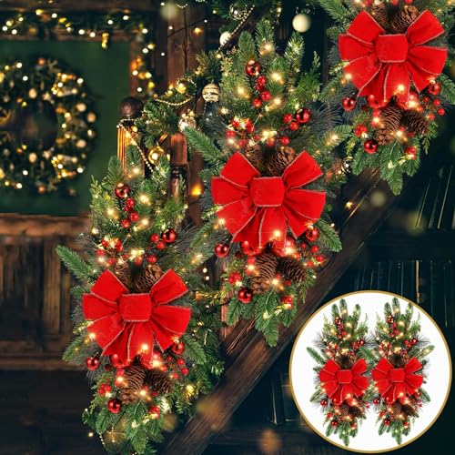 Lyrow 4 Pack Christmas Artificial Swags 24" Xmas The Cordless Prelit Stairway Swag Teardrop Trim Wreath Door Stair Garland Christmas Decoration for Outdoor Home Garden Decor(Red,Classic Style)