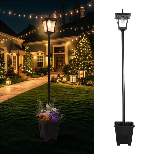 LEOKED Outdoor Solar Post Lights, 59' Dusk to Dawn Solar Lamp Post, Waterproof Solar Floor Lamps, Warm White Pole Lights with Planter for Patio, Backyard, Lawn, Garden