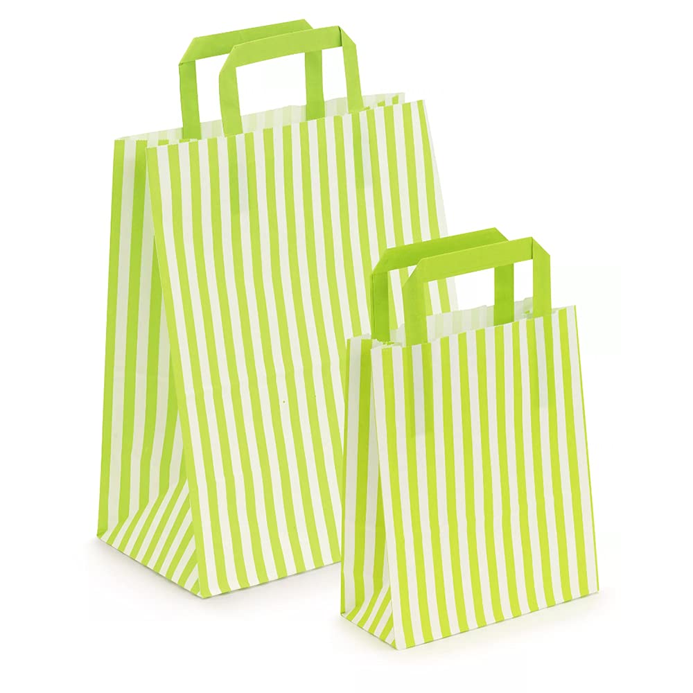 50 x Candy Striped Coloured Paper Tape Handle Carrier Bags (18 x 8 x 23cm, Lime Green)